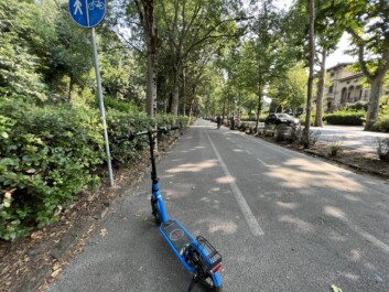 An e-scooter parked along a bike lane in Florence, Italy