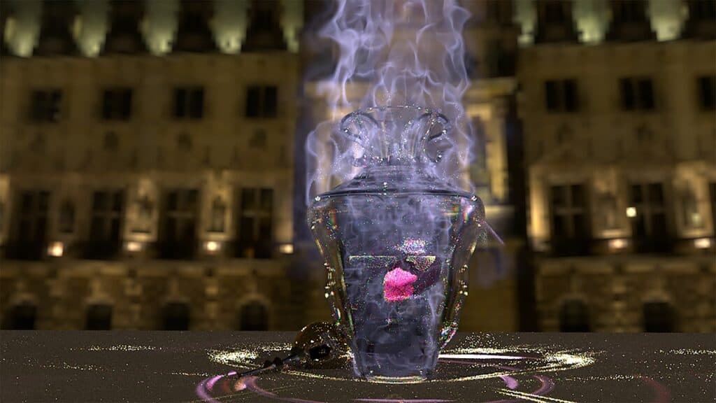 A mysterious purple potion with purple gas rising from the top.