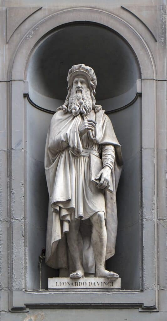 A life-sized statue of artist Leonardo Da Vinci
