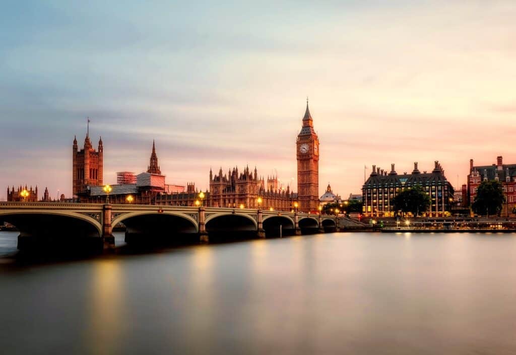 The skyline of London with Big Ben and Houses of Parliament is pictured at sunset. 