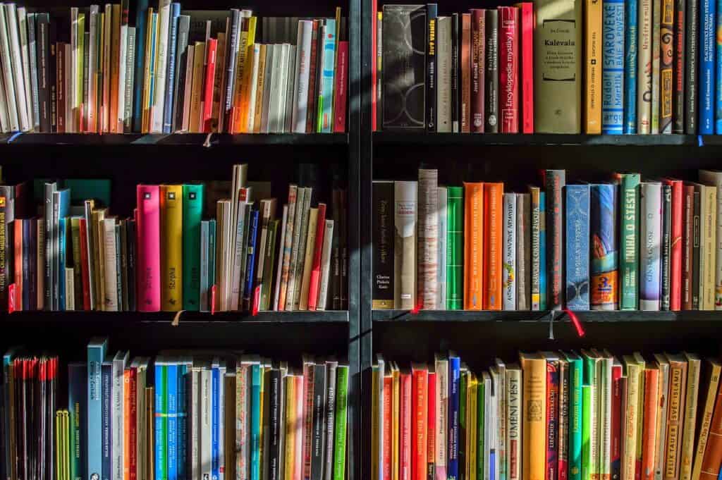 Brightly colored books sit on a bookshelf with shadows across them