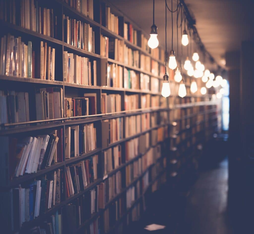 An image of a bookshop with lights hanging overhead