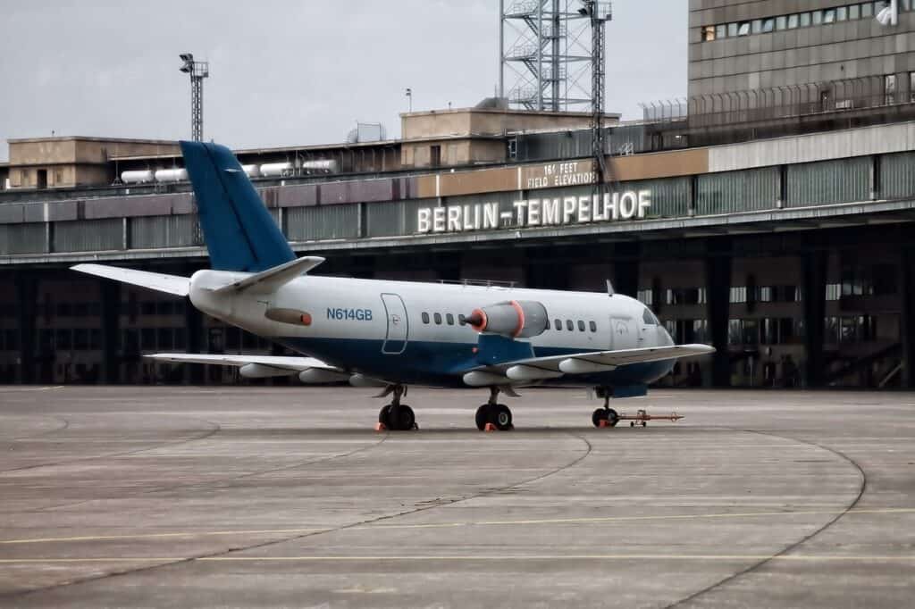 A plane sits on the hangar at Berlin-Tempelhof airport grounds