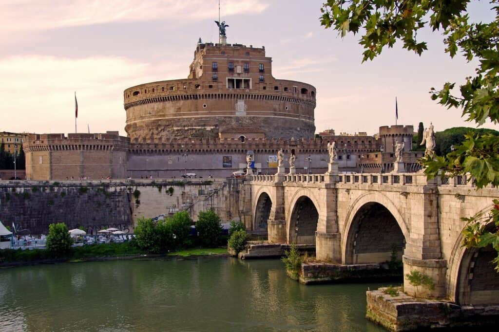 Ponte Sant’Angelo pictured with the angel statues in view on the lefthand side of the bridge