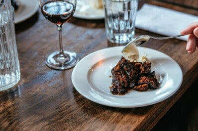 Sticky toffee pudding with cream and wine