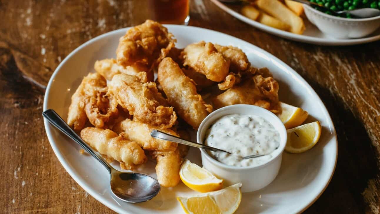 Freshly battered fish and chips in London