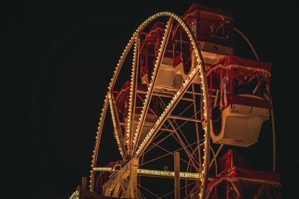 An illuminated ferris wheel in the night sky