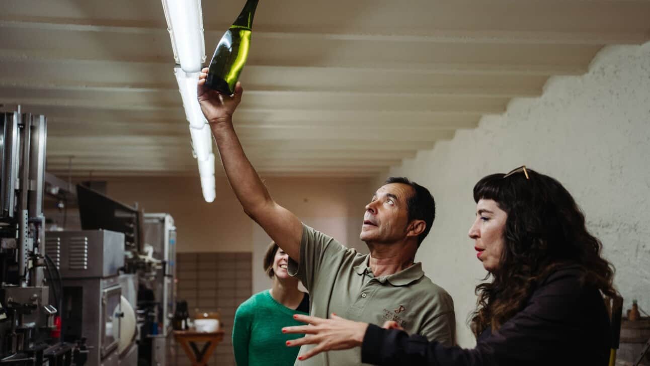 A wine maker holds a bottle up to the light