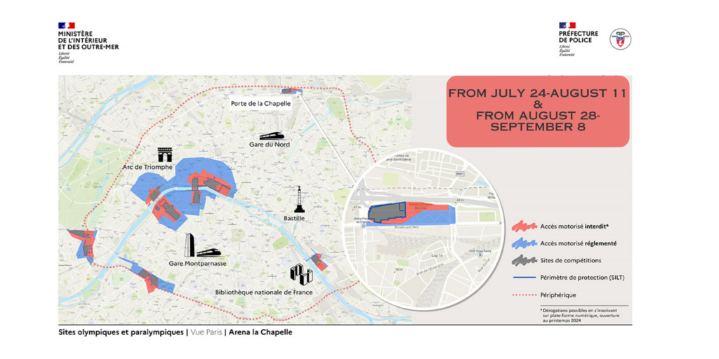 A map of restricted areas of Paris during the 2024 Olympic Games, July 24-August 11 & August 28-September 8