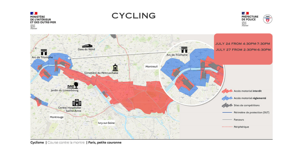 A map of restricted areas of Paris during the 2024 Olympic Games, July 24 & 27 for Cycling