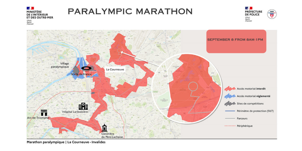 A map of restricted areas of Paris during the 2024 Olympic Games, September 8 for the Paralympic Marathon