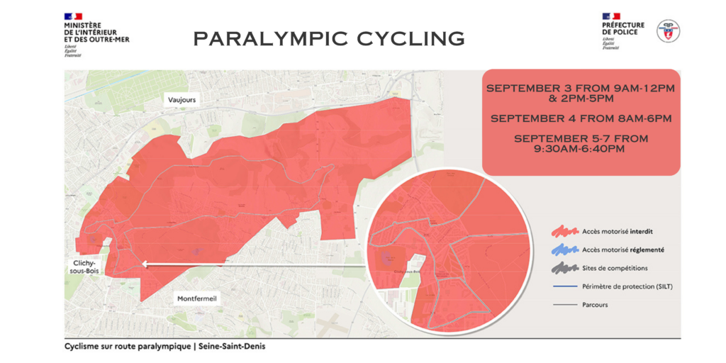 A map of restricted areas of Paris during the 2024 Olympic Games, September 3-7 for Paralympic Cycling