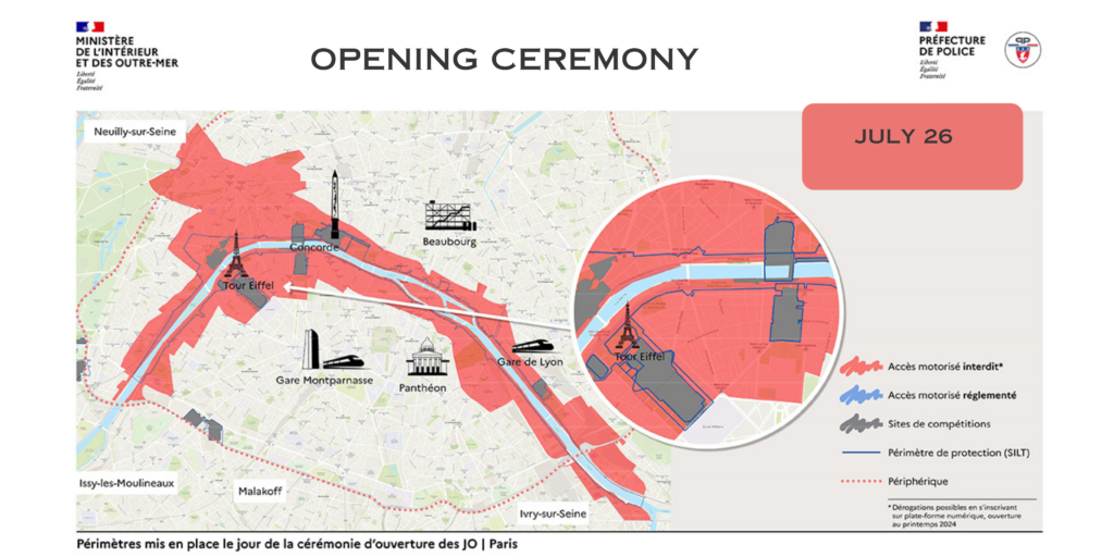 A map of restricted areas of Paris during the 2024 Olympic Games, July 26 for the Opening Ceremony