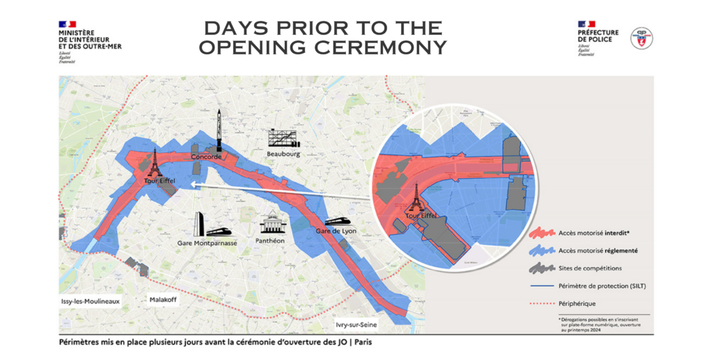 A map of restricted areas of Paris during the 2024 Olympic Games, leading up to the Opening Ceremony