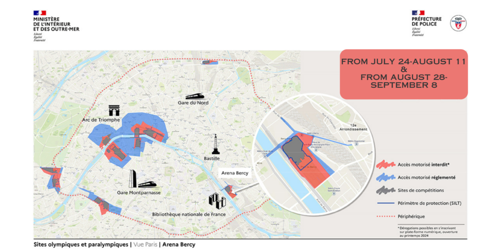 A map of restricted areas of Paris during the 2024 Olympic Games, July 24-August 11 & August 28-September 8