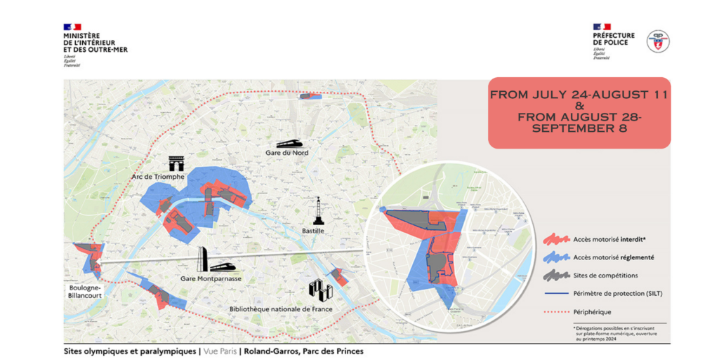 A map of restricted areas of Paris during the 2024 Olympic Games, July 24-August 11 & August 28-September 8