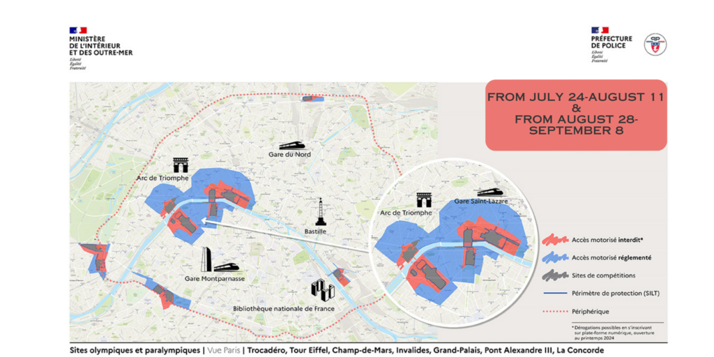A map of restricted areas of Paris during the 2024 Olympic Games, July 24-August 11 & August 28-September 8