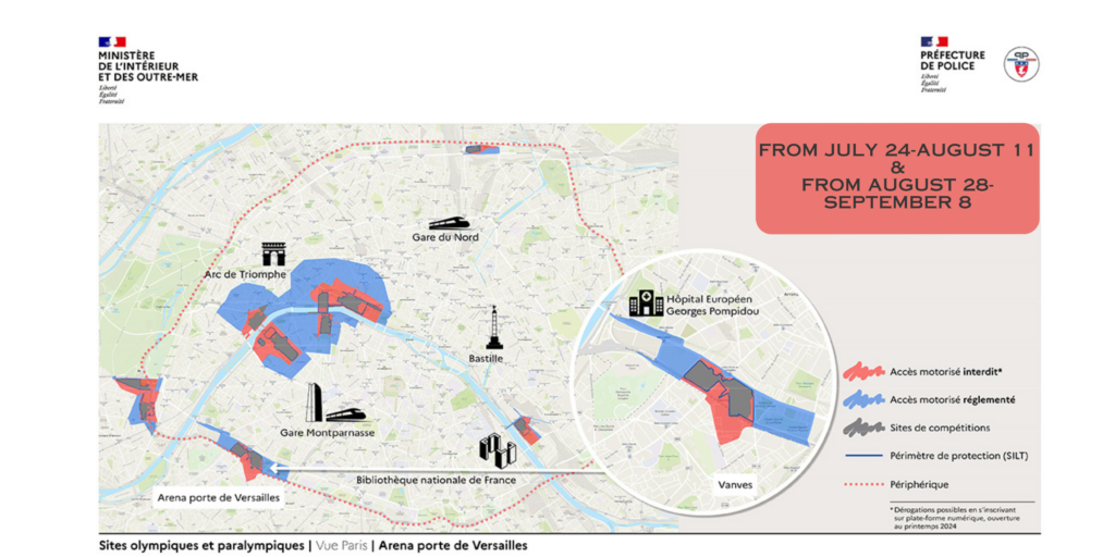 A map of restricted areas of Paris during the 2024 Olympic Games, July 24-August 11 & August 28-September 8