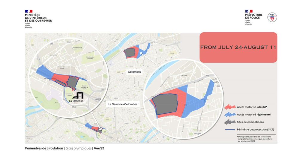 A map of restricted areas of Paris during the 2024 Olympic Games, July 24-August 11