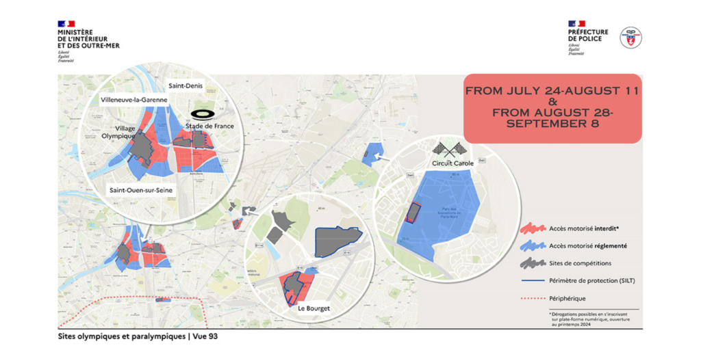 A map of restricted areas of Paris during the 2024 Olympic Games, July 24-August 11 & August 28-September 8