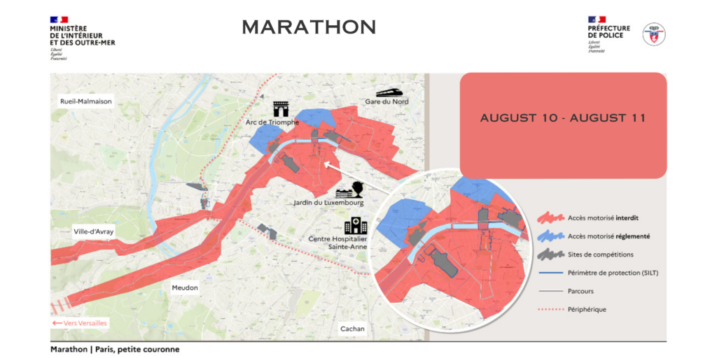 A map of restricted areas of Paris during the 2024 Olympic Games, August 10-11 for the marathon