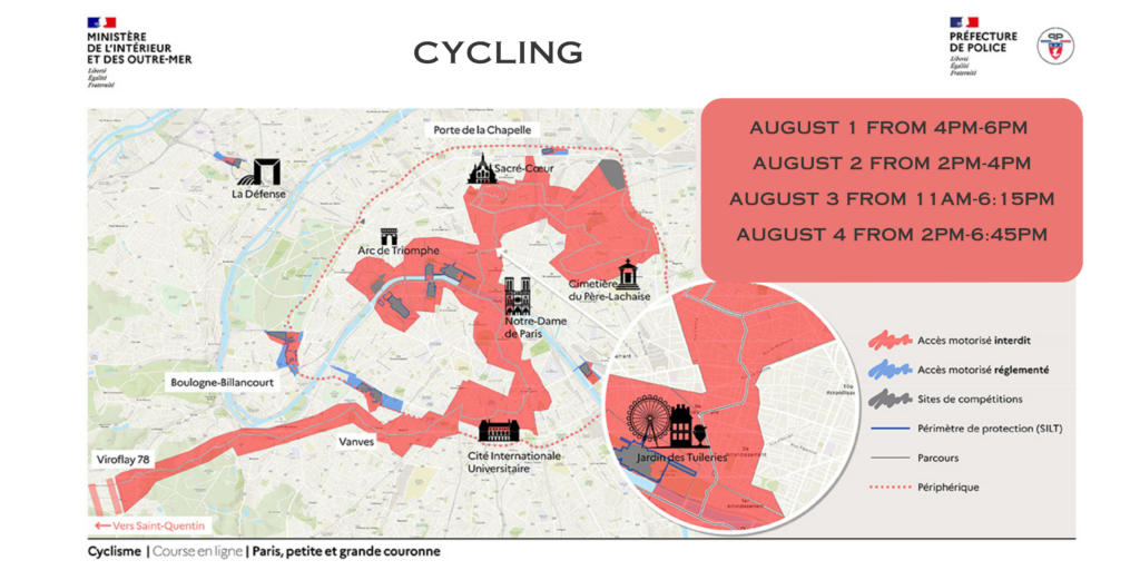 A map of restricted areas of Paris during the 2024 Olympic Games, August 1-4 for Cycling