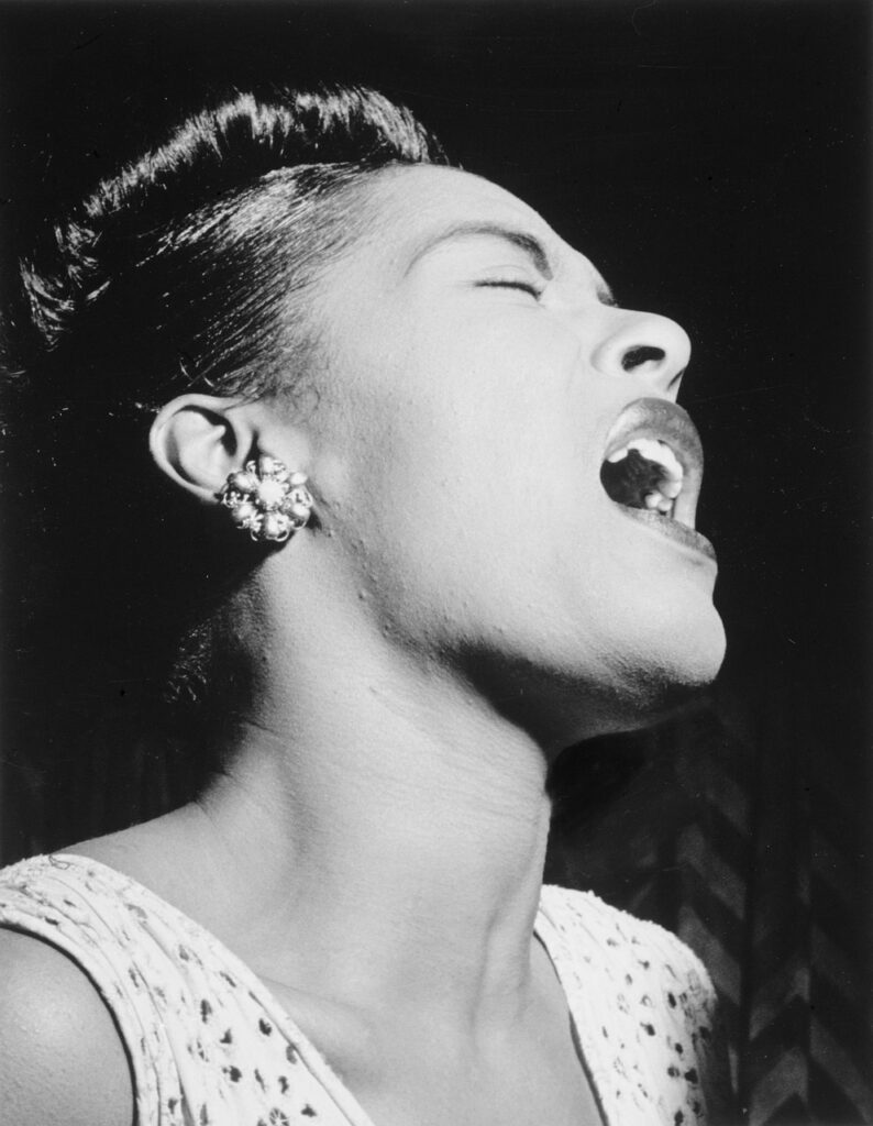 photo of Billie Holiday in black and white