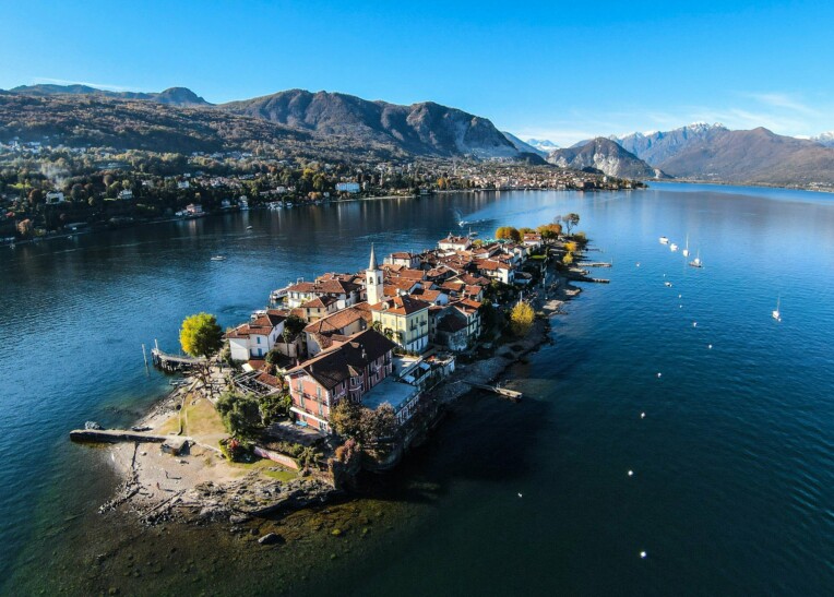 An arial view of an island on Lake Maggiore in Italy