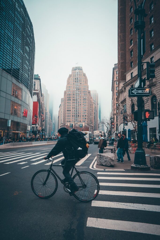 A cyclist commuting in New York City