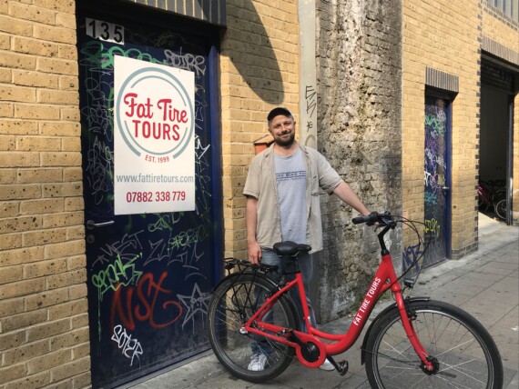 Tour guide, Jamie Dineen, in front of the Fat Tire Tours shop in London