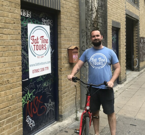 Tour guide, Josh, in front of our Fat Tire Tours office in London